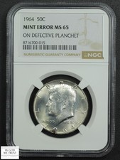 STRUCK ON DEFECTIVE PLANCHET Mint Error 1964 Kennedy Silver Half Dollar NGC MS65 picture