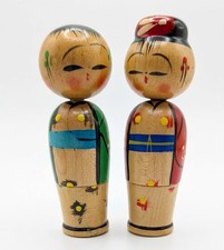 Japanese Handmade Kokeshi Dolls Pair (2) Wooden Hand Painted picture