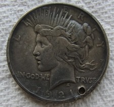 1921 Peace Silver Dollar Early Rare Key Date High Relief VF XF Holed picture