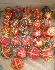 Lot of 30 Vintage Handmade Push Pin Bead Christmas Ornaments ALL RED picture