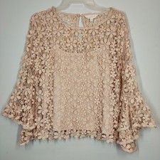 Adiva Blouse Womens Medium Pink Floral Crochet Lace Bell Sleeve Keyhole Top picture