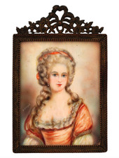 Antique French Hand Painted Portrait Miniature Signed V. Carré in Bronze Frame picture