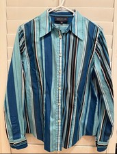 Jones New York Striped Blue Button-Down Women's Shirt Top Petite Medium picture