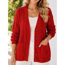 Ann Taylor LOFT Red Cable Knit Cardigan Sweater | Cozy Pockets Sz L picture
