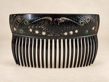 Antique c1920 Black Celluloid Eagle Hair Comb Glass Rhinestones Patriotic picture