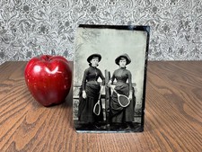 Rare Antique Photo Photograph Women Tennis Players Metal Tintype Victorian picture