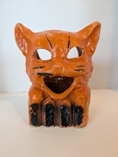 Antique Iconic American Halloween Paper Mache Orange Cat On Fence Jack O Lantern picture