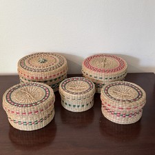 Vintage Sweetgrass Woven Nesting Baskets w/Lid Round Natural Red Green Set of 5 picture