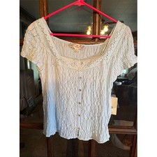 Pink Republic Nantucket Breeze Blue Crinkle Lace Trim Button Front Top M NEW picture