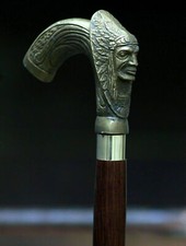 Antique Indian Chief Head Brass Color Walking Stick Walking Wooden Working Cane  picture