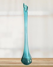 Vintage MCM LE Smith Glass 20” Peacock Blue Fat Bottom 8-Panel Swung Vase EUC picture
