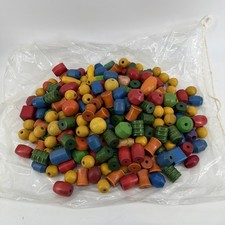 VINTAGE WOODEN BEADS Macrame Lot 225 Pieces Wood Crafting Retro Large Colorful picture
