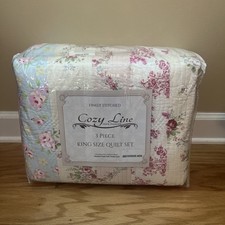WILD ROSE VINTAGE 3pc King QUILT SET : COTTON COZY COTTAGE PINK GREEN  BLUE picture
