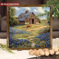 Rustic Farm Barn Bluebonnet Cow Country Landscape Wooden Sign Farmhouse Decor picture