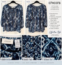 Chico’s Women’s Size 3 Blue Navy Geometric Print 3/4 Sleeve Blouse Top picture