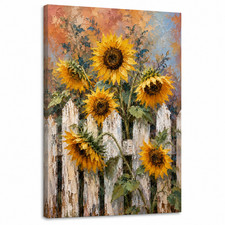 Sunflower Wall Art Canvas Rustic Farmhouse Floral Fence Country Cottage Decor picture