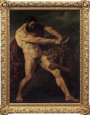 Hand painted Old Master-Art Antique style Oil Painting male nude Lion on Canvas picture