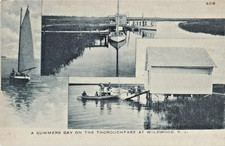 SUMMER ON THE THOROUGHFARE, WILDWOOD NJ, BAY BOATHOUSES , DOCKS,  BOATS PRE 1907 picture