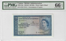 CYPRUS 250 MILS 1957 BANKNOTE QEII UNC PMG 66 EPQ p33a 1955-1960 Series picture