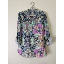 Chicos No Iron 100% Linen Button Down Shirt Paisley Floral Purple Teal Size 2 12 picture