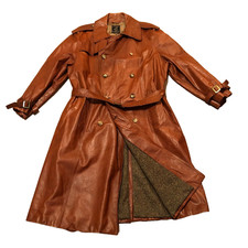 Vintage Cognac Brown Distressed Leather Men 46 FR Tripler Double-breasted Trench picture