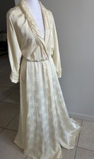 VTG Miss Dior Cream Floral Jacquard Wrap Robe Lace Trim Hollywood Glam TALL M picture