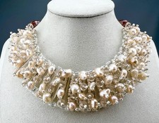 Freshwater Pearl Faceted Glass Bead Necklace Bib Statement Stunning 17” picture
