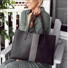 NWOT Vince Camuto Black Leather Tote with Gray Stripe picture