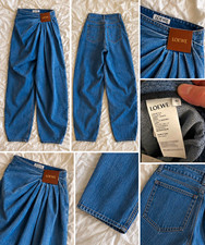 LOEWE Women’s Blue Denim Wide-Leg Pleated Jeans Logo Accent 5-Pocket picture