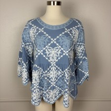 Kindred Anthro Top Embroidered Size M Blue White Babydoll Scarf Hem Boho Blouse picture