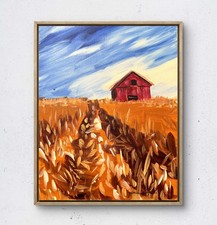 JANICEART Original 11x14 Expressionist Red Barn Wheat Field Painting Signed Wall picture