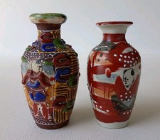 PAIR OF ANTIQUE JAPANESE SATSUMA ART POTTERY MINIATURE VASES picture