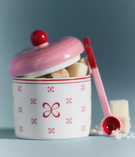 Anthropologie Maeve Stoneware Sugar Bowl & Spoon Pink Red White NIB New in Box picture
