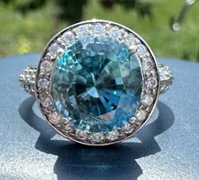 ONE OF A KIND MASSIVE RARE 11.64CT NATURAL BLUE ZIRCON HALO DIAMOND RING 14K picture