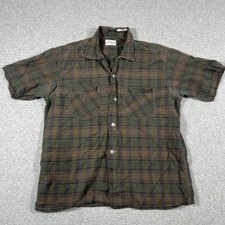 Vintage 50s Penney's Shirt Mens Medium Brown Button Up Loop Collar Plaid Cotton picture