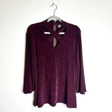 Chico's Travelers Deep Plum Purple Liquid Knit High Neck Sexy Blouse 3/4 Sleeve picture