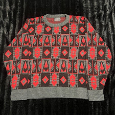 Vintage 90s Campus Esprit Mens Knit Crew Neck Geometric Sweater L Gray Red Black picture