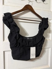 NWT Zara Flowing Off Shoulder Cropped Top Black Medium picture