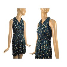Vintage 1970s Emerald Green Floral Print Collared Knit Minidress Size S picture