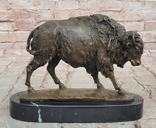 American Buffalo Bison Western Decor Bronze Marble Base Statue Sculpture Artwork picture
