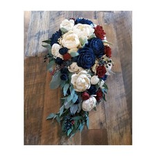 Navy Burgundy Sola Wood Cascade Bridal Bouquet Artificial Wedding Prom Flowers picture