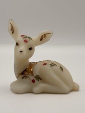 Fenton Glass Deer Fawn Twining Berries Ivory Satin Hand Painted Signed L. Nulter picture