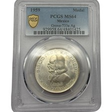 1959-MEXICO Silver Medal-Benjamin Franklin-GROVE 733a-PCGS MS 64-Top Pop picture