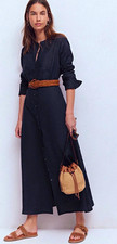 Boden Linen Navy Shirt Dress Midi 2R Button Front Belted Pockets Long Sleeve  picture