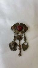 Vintage Victorian Revival Dangle Brooch Red Cabochon Lady Heart Lock Ornate picture