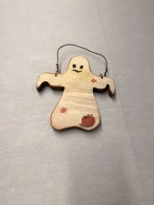 Primitive Wood Ghost Halloween Hanger Hand Painted Folk Art Pumpkin Decor picture