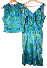 Vintage 1960s Selma Washington DC Blue Green Paisley 2 Pc Dress Top Set Sz 6 S picture