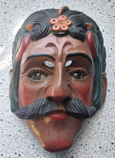 Vtg MCM Hand Carved Folk Art Figural Guatemalan Mask, Glass Eyes, Birds, Signed picture