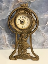 ANTIQUE VICTORIAN BRASS WARNER FIGURAL GIRL BOUDOIR CLOCK ART NOUVEAU FOR PARTS picture
