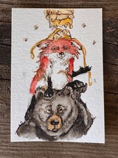Origional Watercolor  ACEO Fox get honey for bear signed by artist Edith Schmidt picture